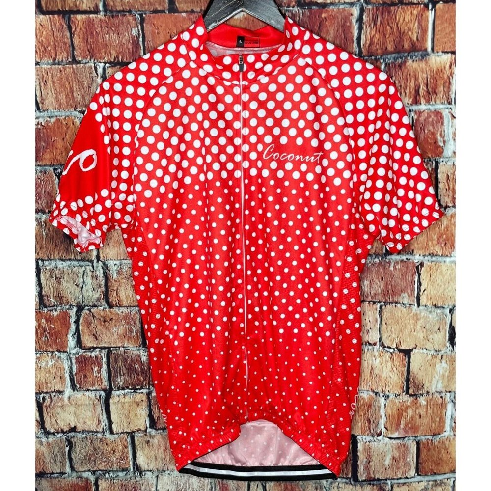 Coconut Men’s Red Polka Dot Cycling Jersey Road Bike Short Sleeve Large Full Zip